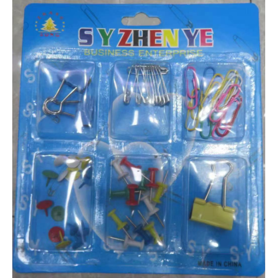 Pins/thumb tacks, push pins, and binder clips.