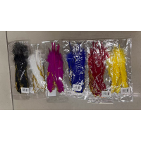 Multi-colored craft feathers.