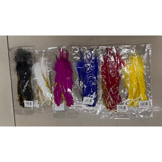 Multi-colored craft feathers.