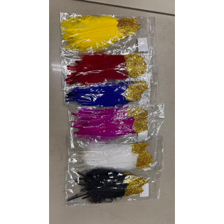 Multi-colored craft feathers.