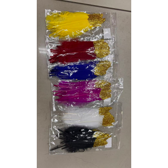 Multi-colored craft feathers.